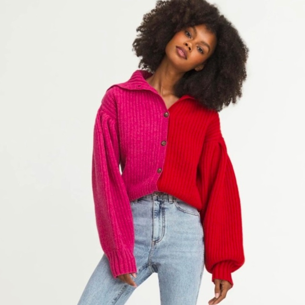 Something Navy Wool Red Pink Color Block Cardigan… - image 1